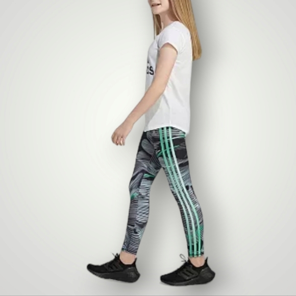 Adidas Girls 14 L Grey Green Abstract Print Performance Leggings Activewear New - Picture 6 of 11